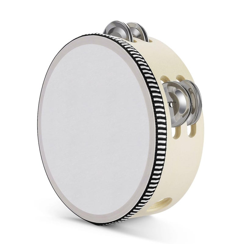 Flexzion Wood Handheld Tambourine Adults 6-Inch Double Row 8-Pair Jingles (Wood) - Percussion Round Tamborines Musical Instrument with Metal Zills - Image 1